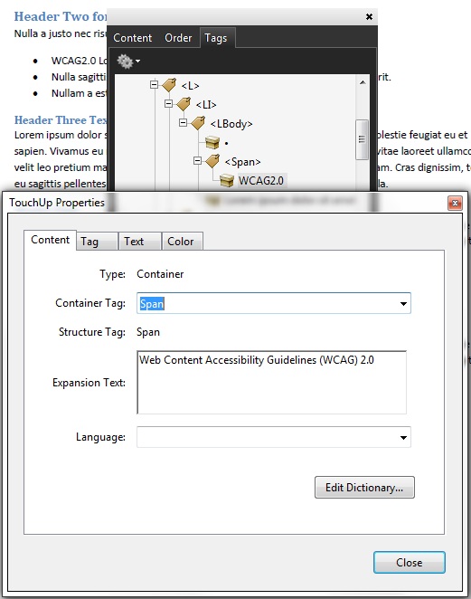 スクリーンショット:［タグ］パネルを使用して、略語に拡張テキストを追加。「WCAG2.0」というテキストを選択して、それに対する Span タグを作成し、［TouchUp のプロパティ］ダイアログボックスで「WCAG2.0」の拡張として、拡張テキスト「Web Content Accessibility Guidelines (WCAG) 2.0」を入力する。