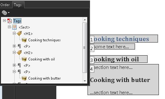 スクリーンショット：Adobe Acrobat で開いた PDF 文書。［タグ］パネルには、タグツリー内の見出しが表示されている。H2 としてタグ付けされるべきテキストが、誤って段落としてタグ付けされている。