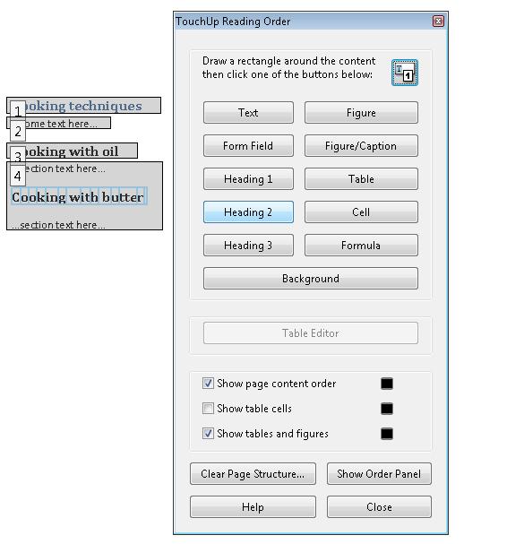スクリーンショット：Adobe Acrobat で開いた PDF 文書。TouchUp 読み上げ順序パネルが表示されている。見出しテキストが選択され、パネルの「見出し 2」が選択されている。