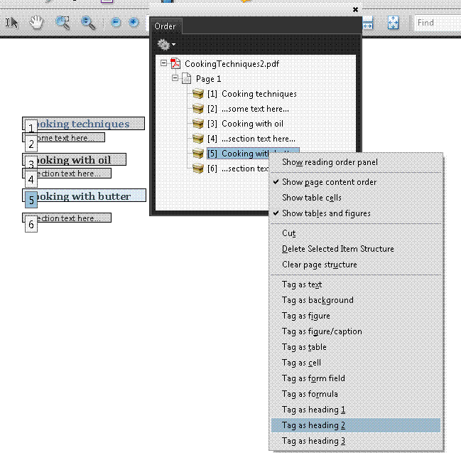 スクリーンショット：Adobe Acrobat で開いた PDF 文書。順序パネルとコンテキストメニューに、見出し2 に変更するテキストが示されている。