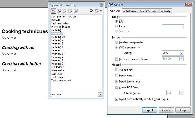 スクリーンショット: OpenOffice.org Writer で見出しスタイルを選択し、PDF にエクスポートする。