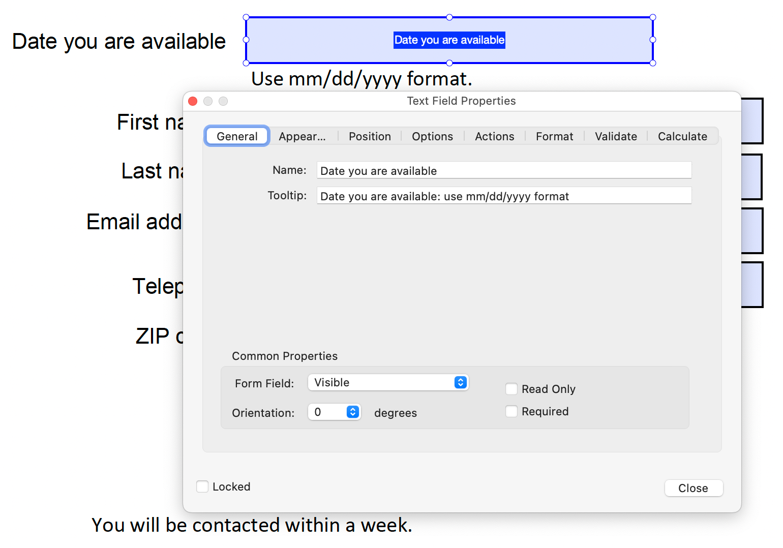 The Text Field Properties dialog for a form field. A short description, including the format required for the field, is added and will appear as a tooltip.