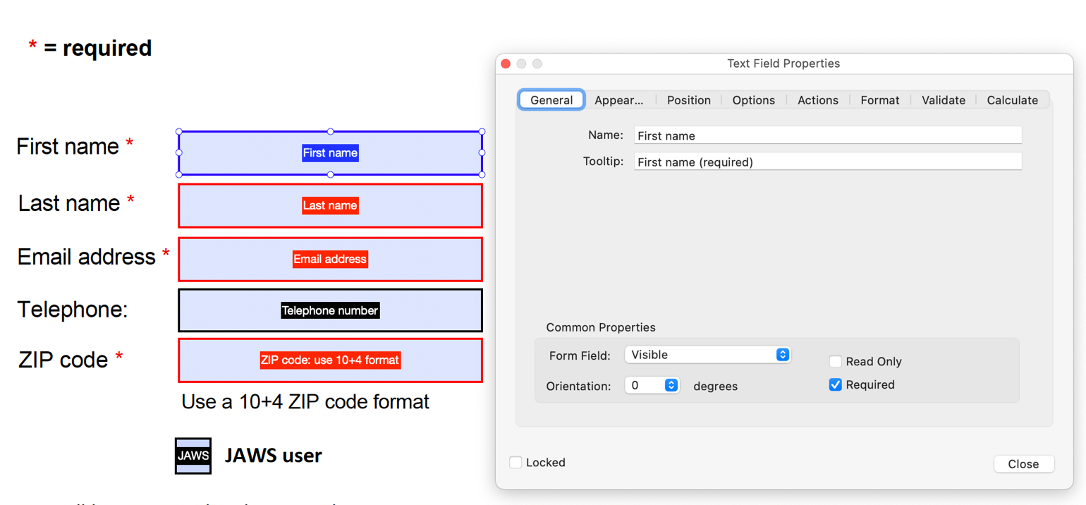 The Properties dialog for a form field. The Required box is checked on the First Name field.