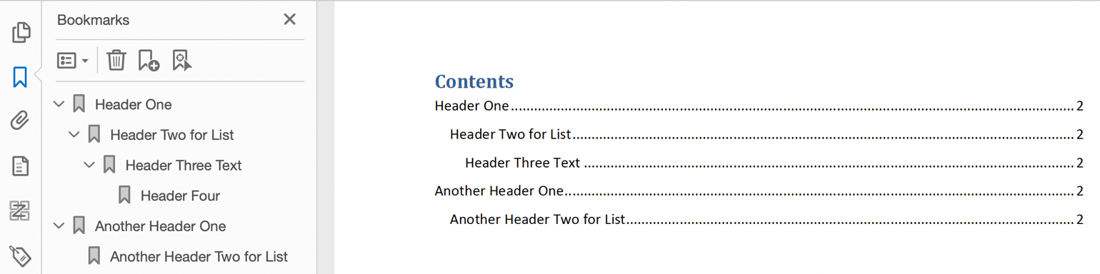PDF document showing the Table of Contents and Bookmarks created from the headings in a Word document.