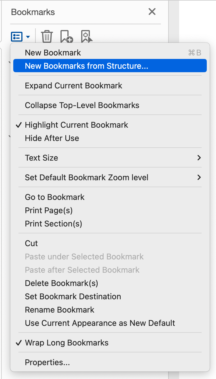 The Bookmarks options menu.