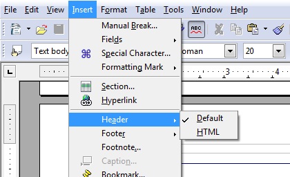 Header and Footer tools in OpenOffice Writer.