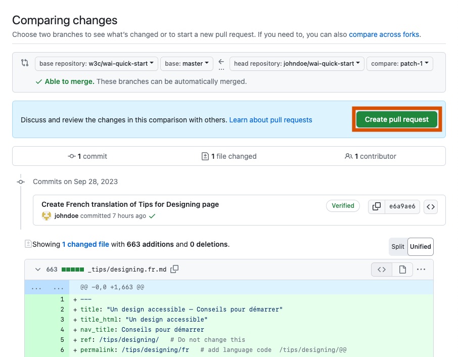 Screenshot of the “Comparing changes” view in GitHub. The “Create pull request” button is outlined in dark orange.