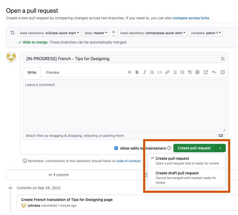 Screenshot of the “Open a pull request” form in GitHub. The pull request title is “[IN-PROGRESS] French - Tips for Designing”. The drop-down arrow in the “Create pull request” button is selected: the second option “Create draft pull request” is visible.