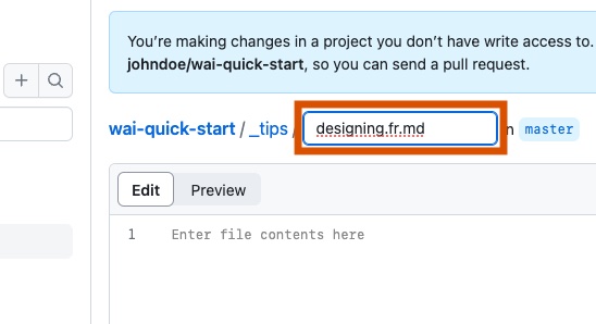 Screenshot of the edit view in GitHub. The “File name” field, at the end of the secondary breadcrumb, is outlined in dark orange.