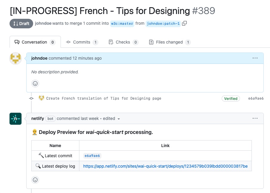 Screenshot of the Pull request view in GitHub. A comment created by netlify starts with “👷 Deploy Preview for wai-quick-start processing.”