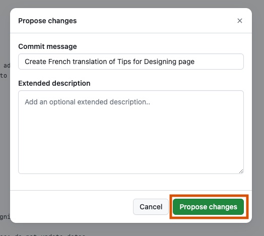 Screenshot of the “Propose changes” modal window in GitHub. The “Commit message” field says “Create french translation for Tips in Designing page”. The “Propose changes” button, next to the “Cancel” button, is outlined in dark orange.