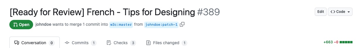 Screenshot of an open pull request in GitHub. The title of the pull request is “[Ready for review] French - Tips for Designing”. A green label “Open” is present below the title.