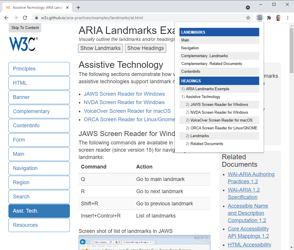 Screen shot of list of landmarks and headings using SkipTo Landmarks & Headings Browser Extension