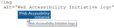 image of logo; HTML markup img alt='Web Accessibility Initiative logo'; popup with text @@