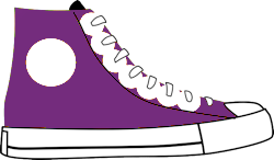 Purple high top trainer with white laces, empty white dot on outside ankle, and white toe cap