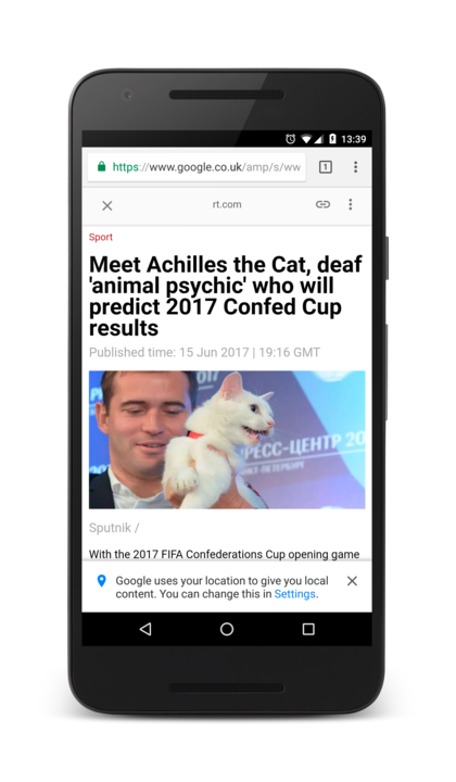 Screenshot of AMP's RT article, headline: Meet Achilles the Cat, deaf animal psychic