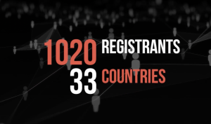text in red and white against black: "1020 Registrants 33 Countries"