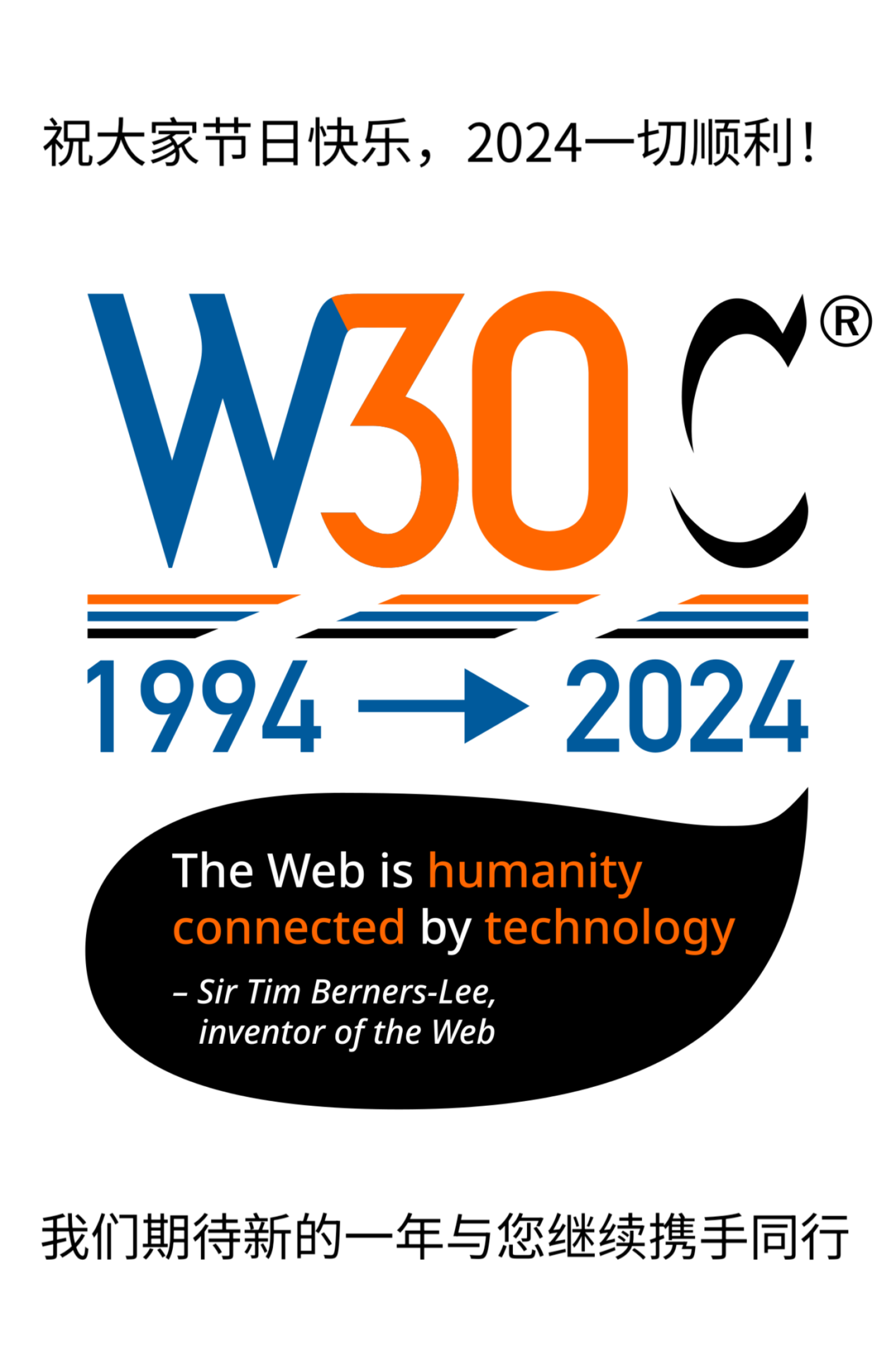 "W3C 30周年纪念logo，W30C (1994-2024)；引用 Tim Berners-Lee 的话：“the web is humanity connected by technology” ；来自 W3C 的祝福语。"