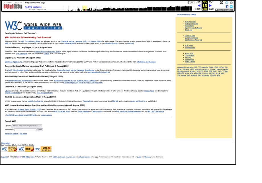 screenshot of the 2000-08-15 capture of the site on the WayBack Machine