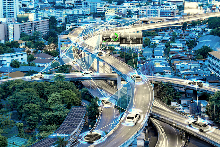 Cars on highways in the city wirelessly interconnecting