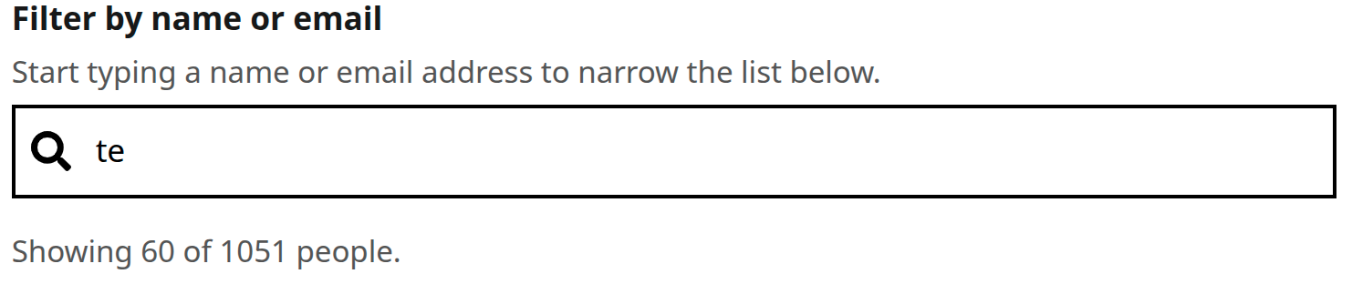 Screenshot of the filter bar containing the text "te" and a message underneath saying "Showing 60 of 1051 people."