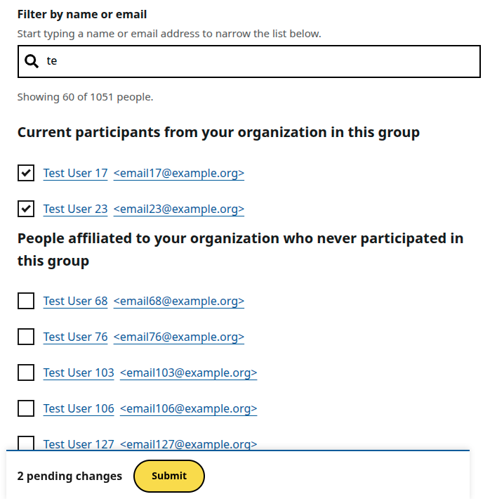 Screenshot of an AC Rep's group participation page. It shows a new filter and a summary of pending changes