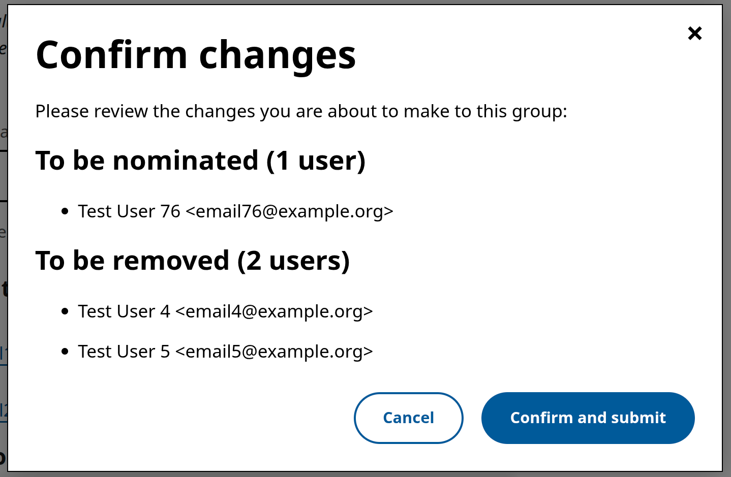 Screenshot of the confirmation window showing the name of one user to be nominated and two users to be removed from the group