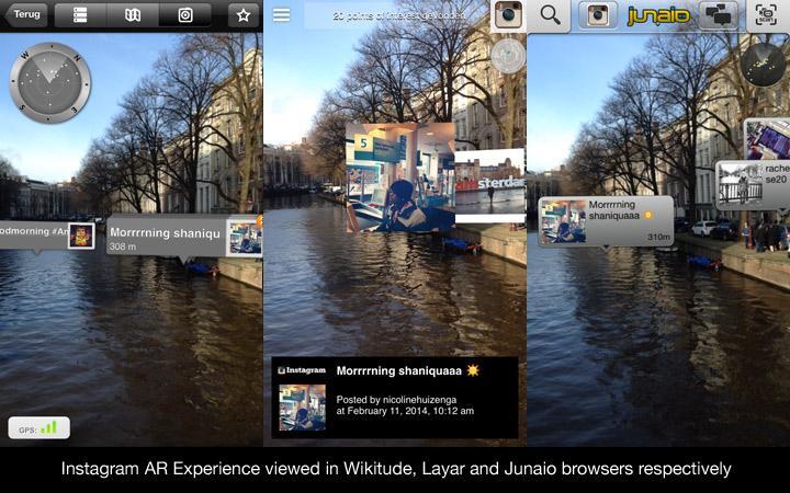 screenshot of Augmented Reality (AR) content encoded in ARML 2.0 displayed in Wikitude, Layar and Junaio browsers respectively