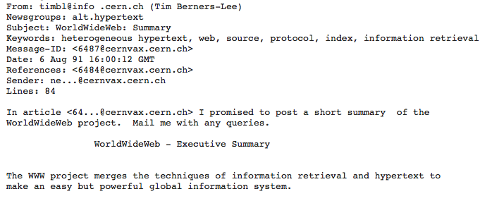 6 August 1991 usenet post by Tim Berners-Lee