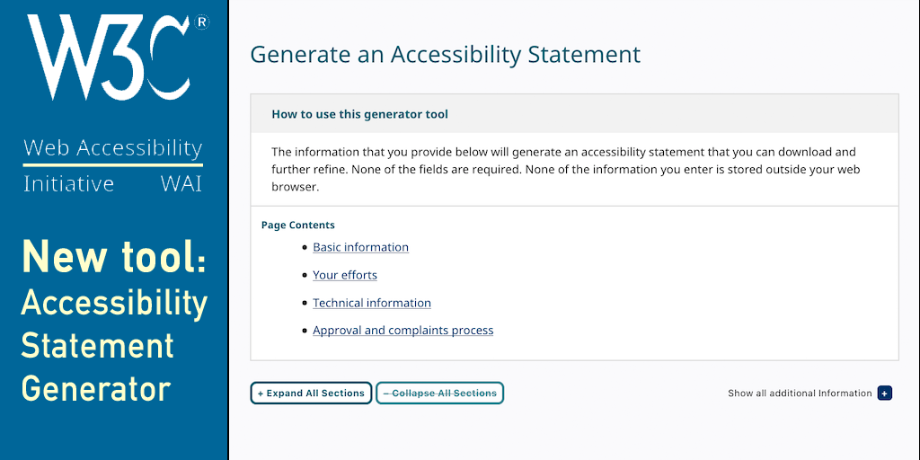 Graphic showing a screenshot of the accessibility statement generator, the W3C and WAI icons and the title of the tool