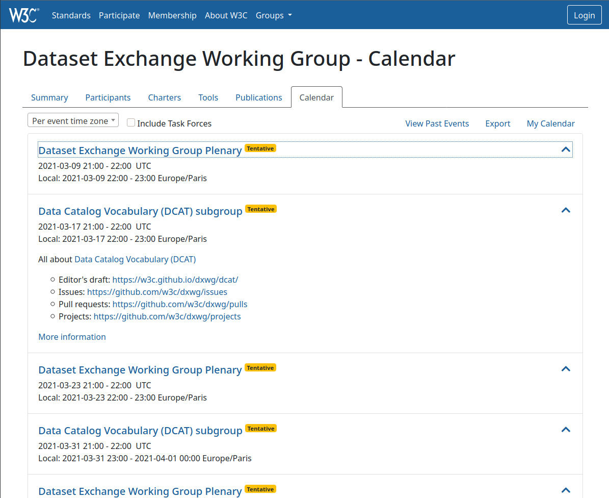 screenshot of Dataset Exchange Working Group Calendar