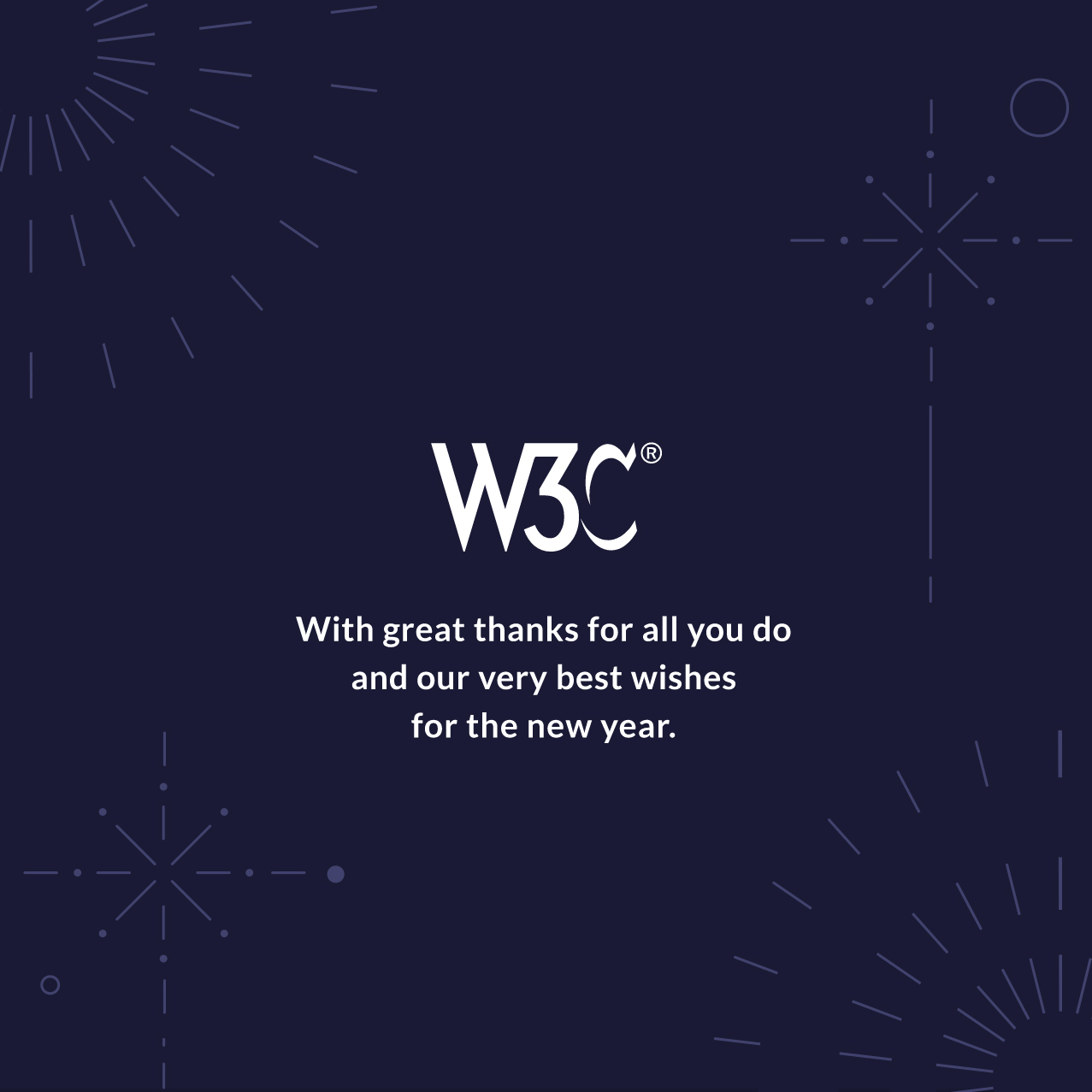 W3C end of year card with W3C logo, text, and illustrations of fireworks 