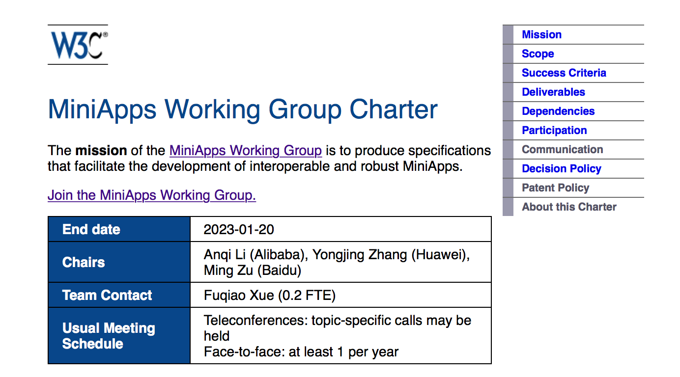 screenshot of MiniApps Working Group Charter