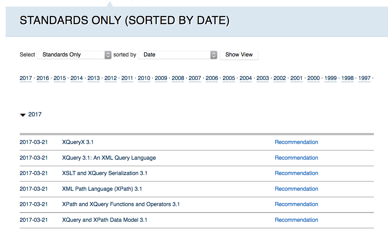 Screenshot of W3C Standards showing XQuery and XPath 3.1 documents 