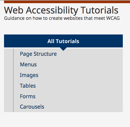 Screenshot of Web Accessibility Tutorials menu
