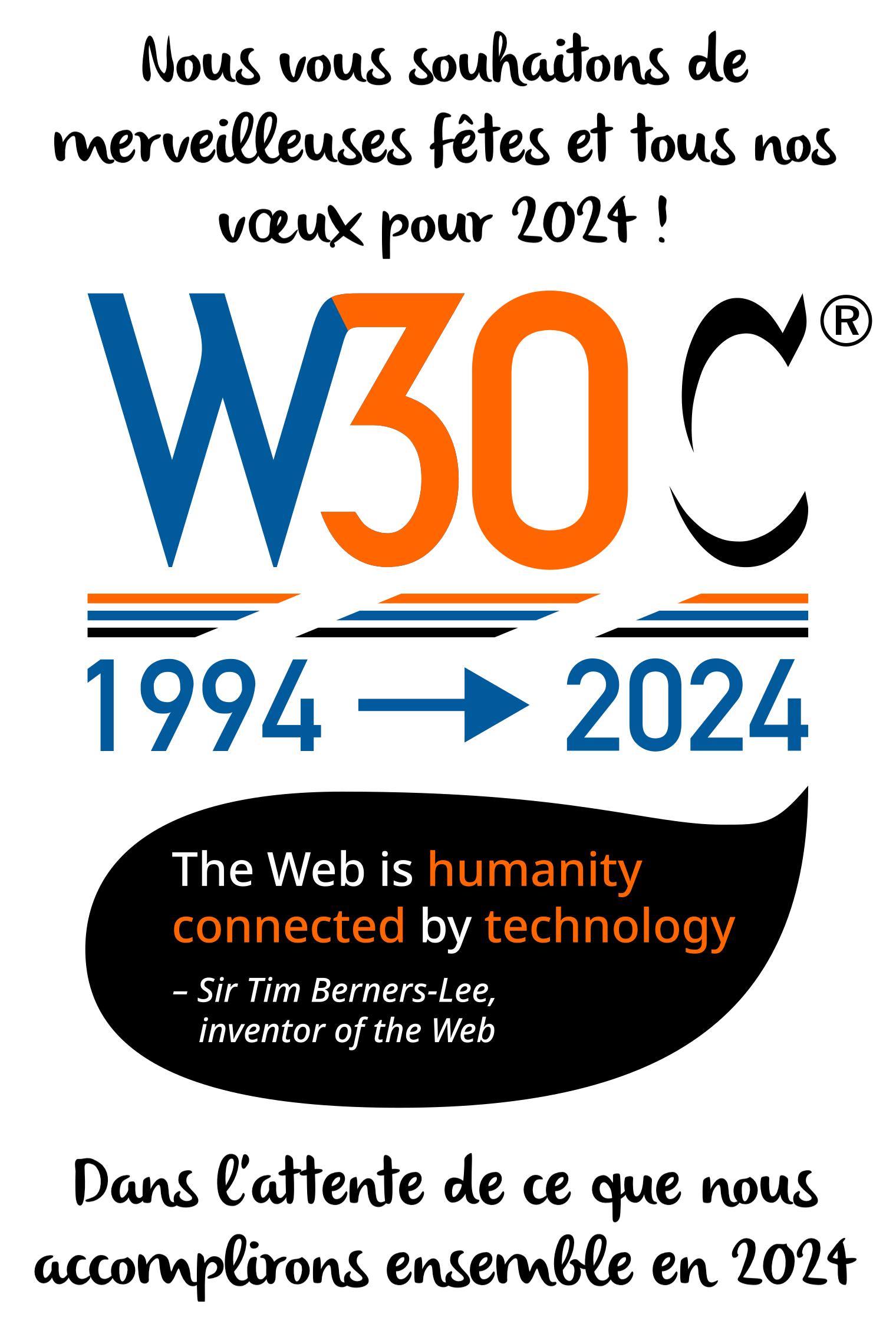 Logo W3C transformé en W30C (1994-2024), Tim Berners-Lee citant « le web est l'humanité connectée par la technologie », vœux.