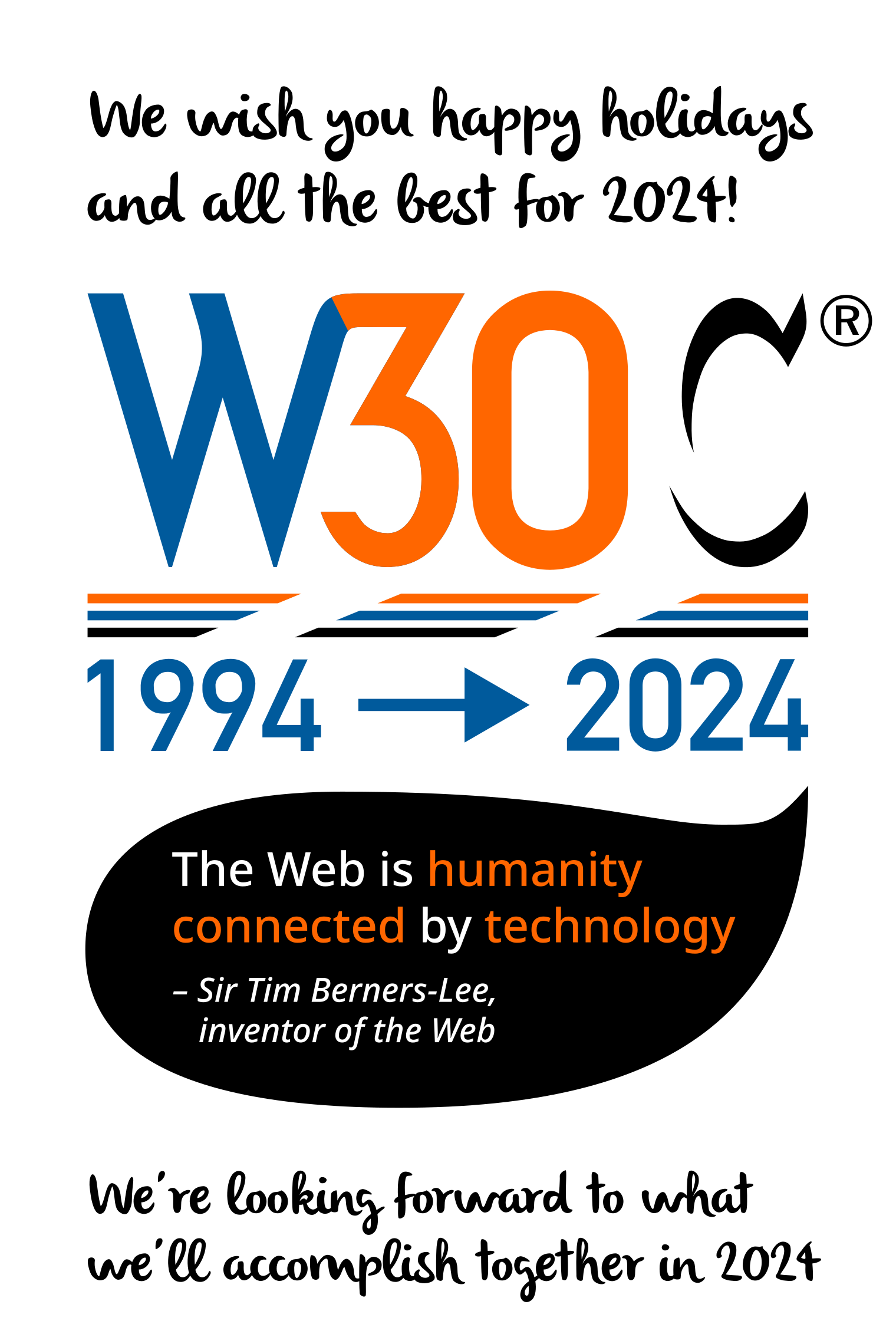 W3C logo turned into W30C (1994-2024), Tim Berners-Lee quote "the web is humanity connected by technology" and our greeting.