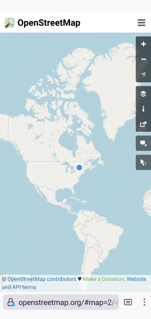 My phone's location represented on a OpenStreetMap map of North America