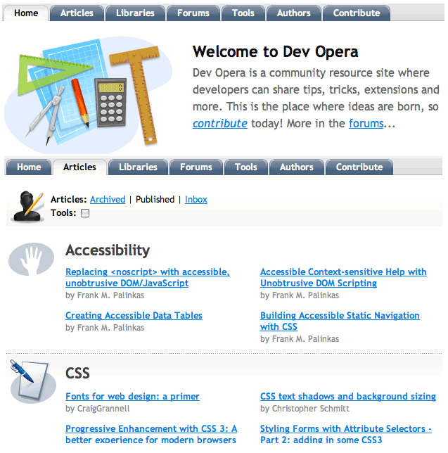 The dev opera dot com navigation is constant wherever you are on the site